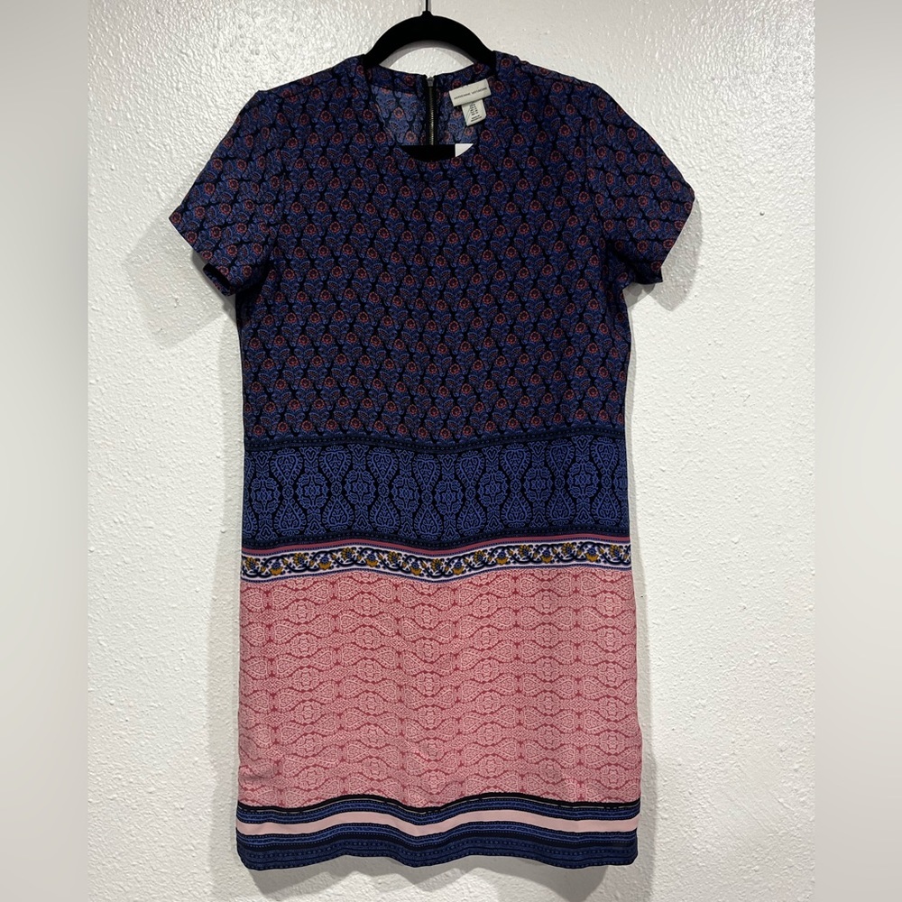 Adrienne Vittadini Short Sleeve Print Dress Blue Pink Travel Casual Size 8